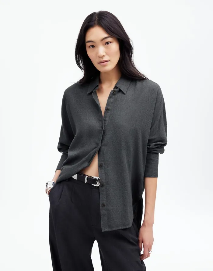 Women Tops and Shirts Madewell Heathered Flannel Dolman ButtonUp Shirt Charcoal Melange