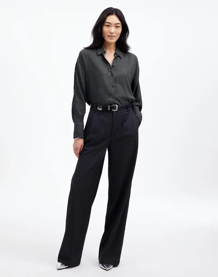 Women Tops and Shirts Madewell Heathered Flannel Dolman ButtonUp Shirt Charcoal Melange