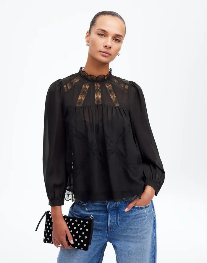 Women Tops and Shirts Madewell LaceInset Top In Silk True Black