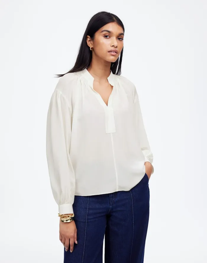 Women Tops and Shirts Madewell Shirred LongSleeve Top In Silk Winter White