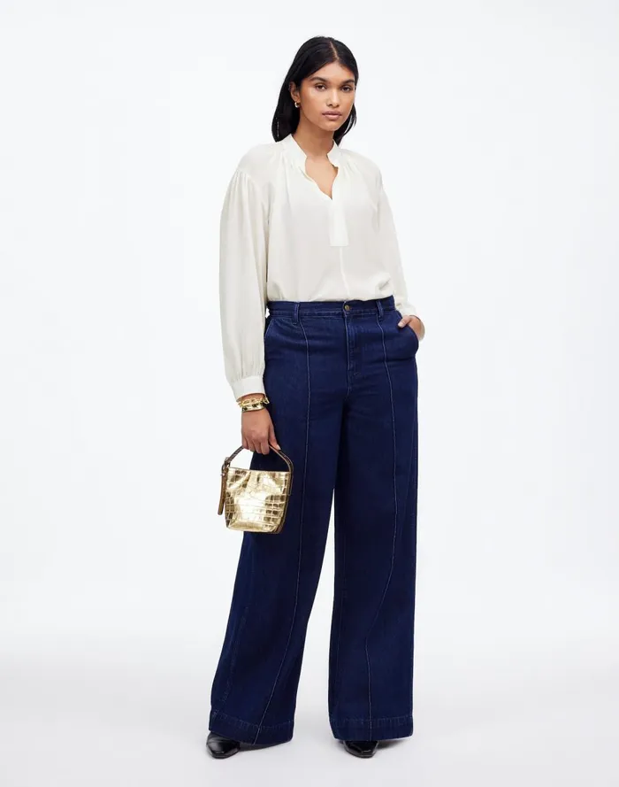 Women Tops and Shirts Madewell Shirred LongSleeve Top In Silk Winter White