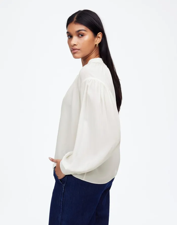 Women Tops and Shirts Madewell Shirred LongSleeve Top In Silk Winter White