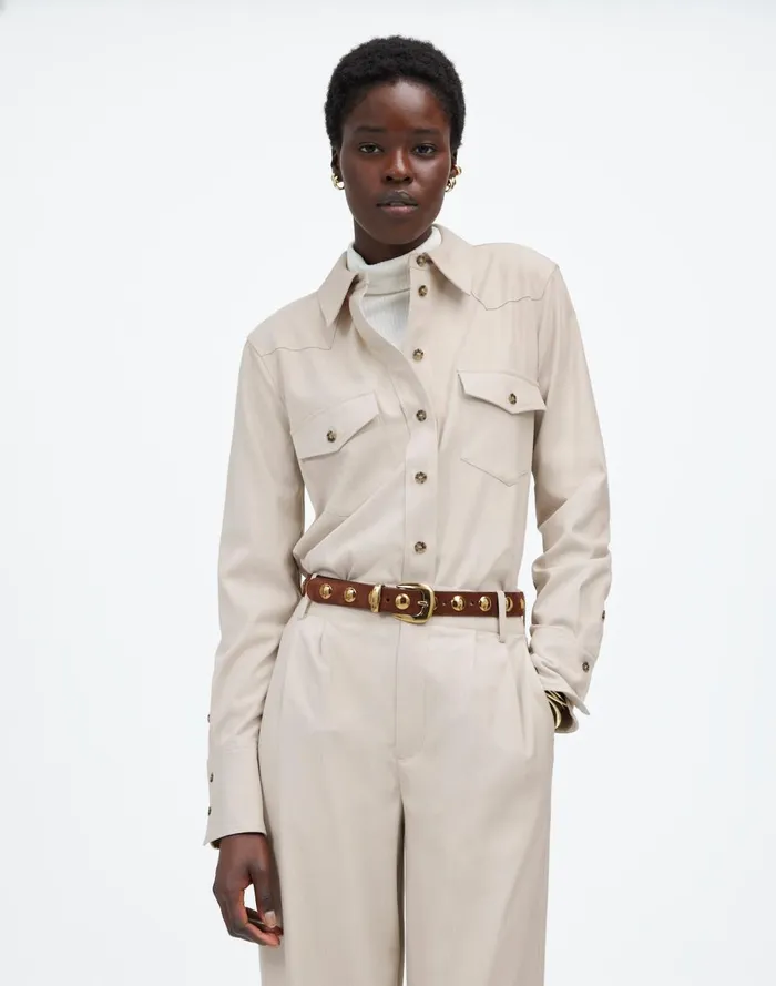 Women Tops and Shirts Madewell Western ButtonUp Shirt In Brushed Twill Pebble Stone