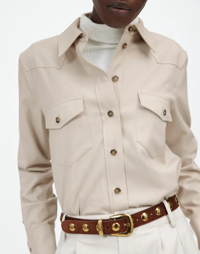 Women Tops and Shirts Madewell Western ButtonUp Shirt In Brushed Twill Pebble Stone