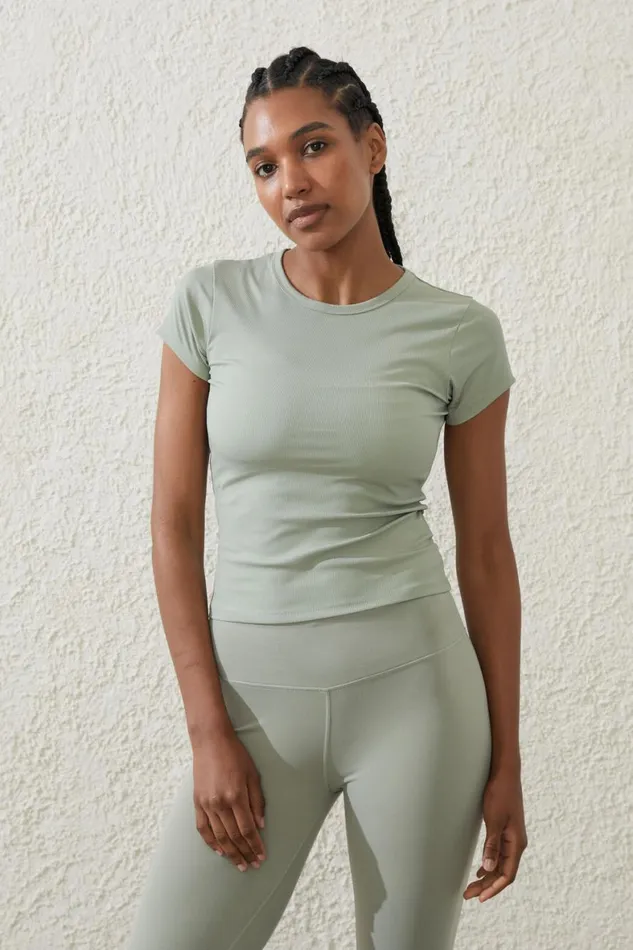 Women Tops Cotton On Active Rib Gym Tshirt Green Cloud