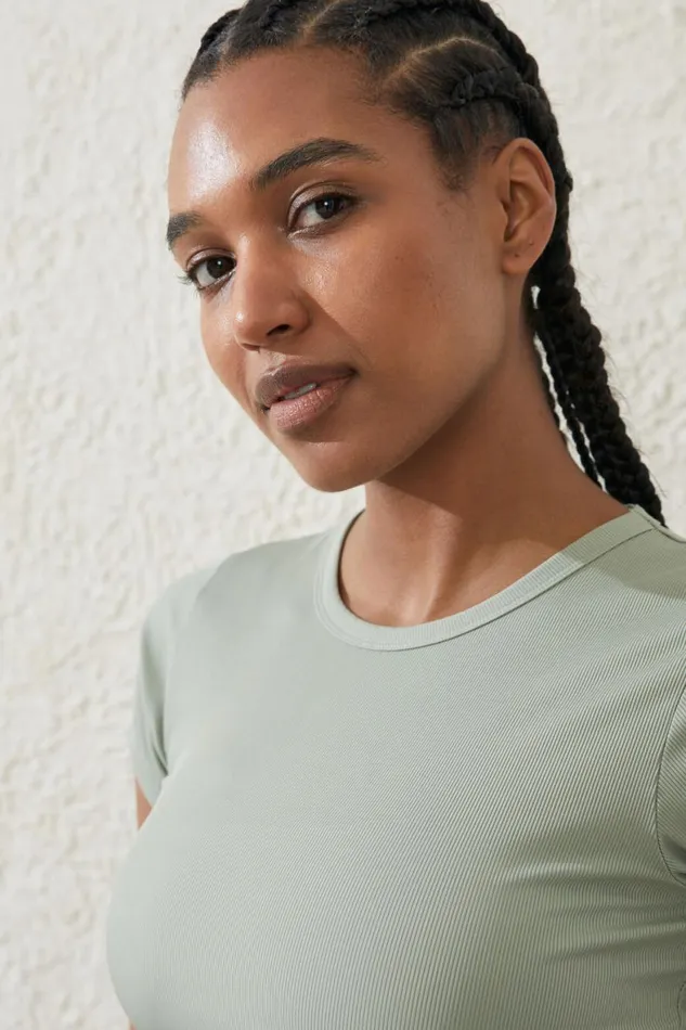 Women Tops Cotton On Active Rib Gym Tshirt Green Cloud