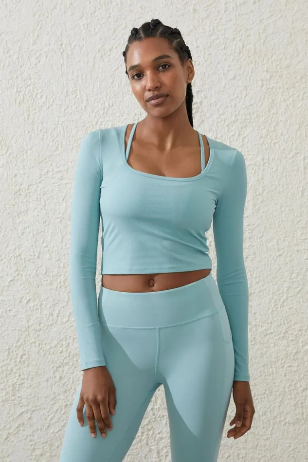 Women Tops Cotton On Active Rib Scoop Longsleeve Top Sea Glass