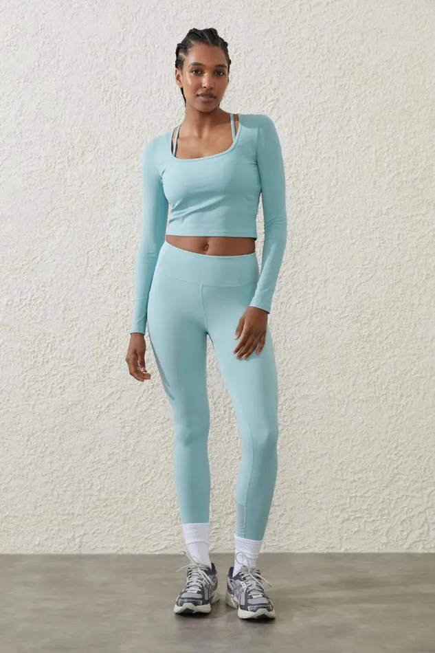 Women Tops Cotton On Active Rib Scoop Longsleeve Top Sea Glass