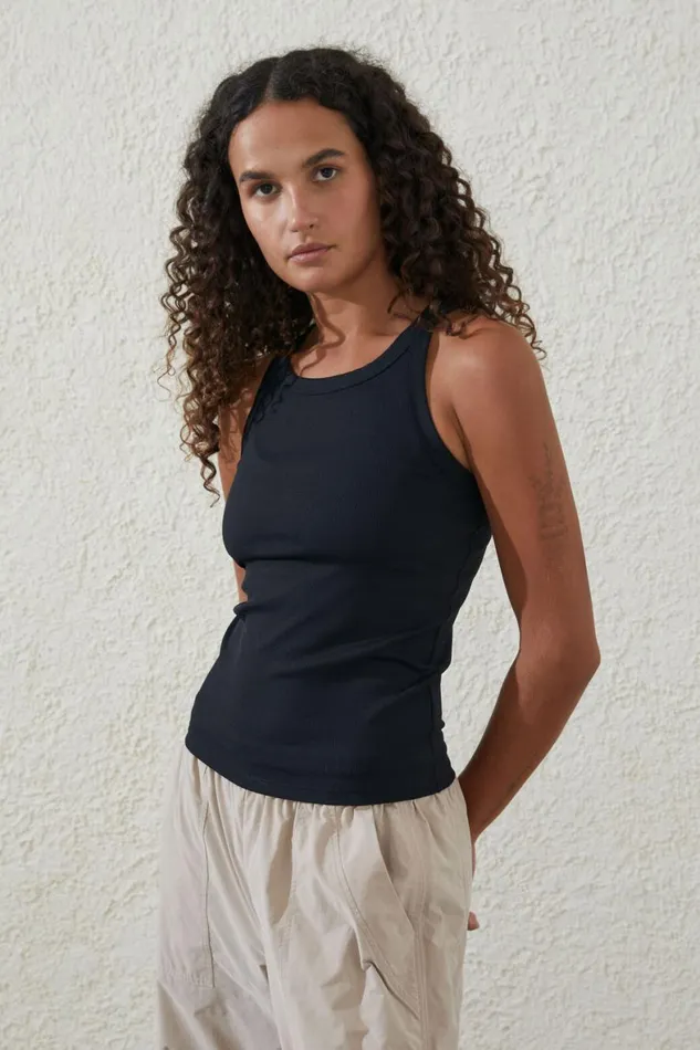 Women Tops Cotton On Active Rib Thin Racer Tank Black