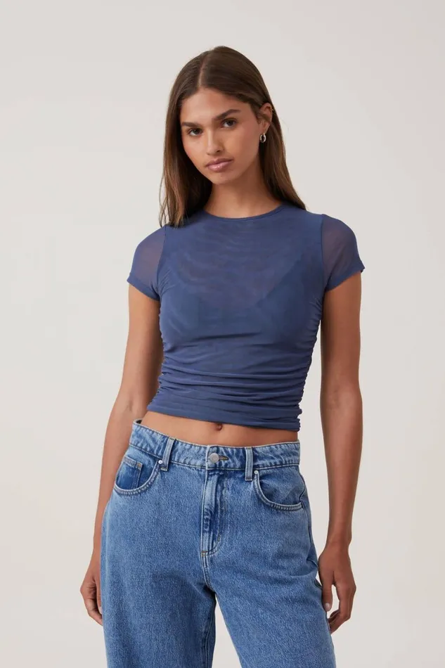 Women Tops Cotton On Becca Gathered Short Sleeve Tee Vintage Navy