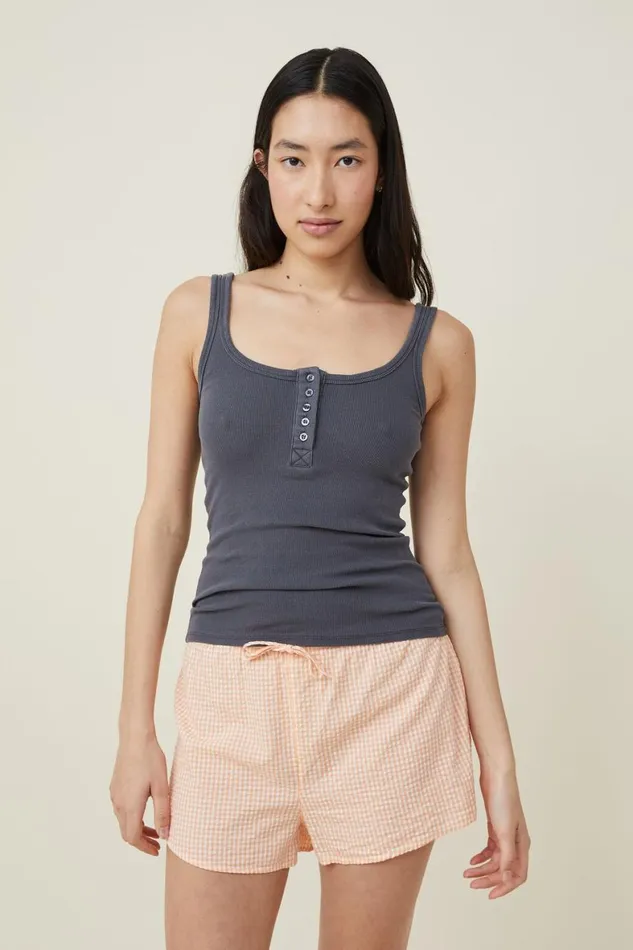 Women Tops Cotton On Henley Sleep Tank Washed Black