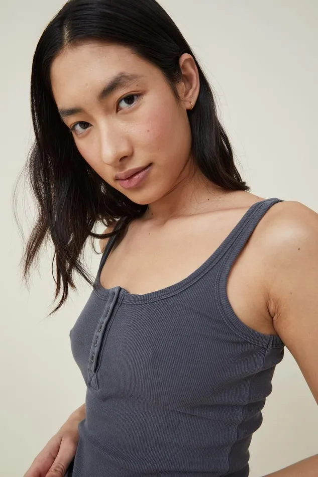 Women Tops Cotton On Henley Sleep Tank Washed Black