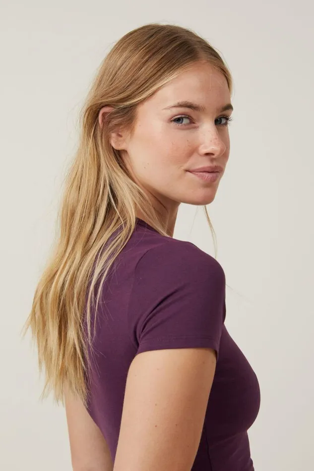 Women Tops Cotton On Micro Crop Tee Deep Plum