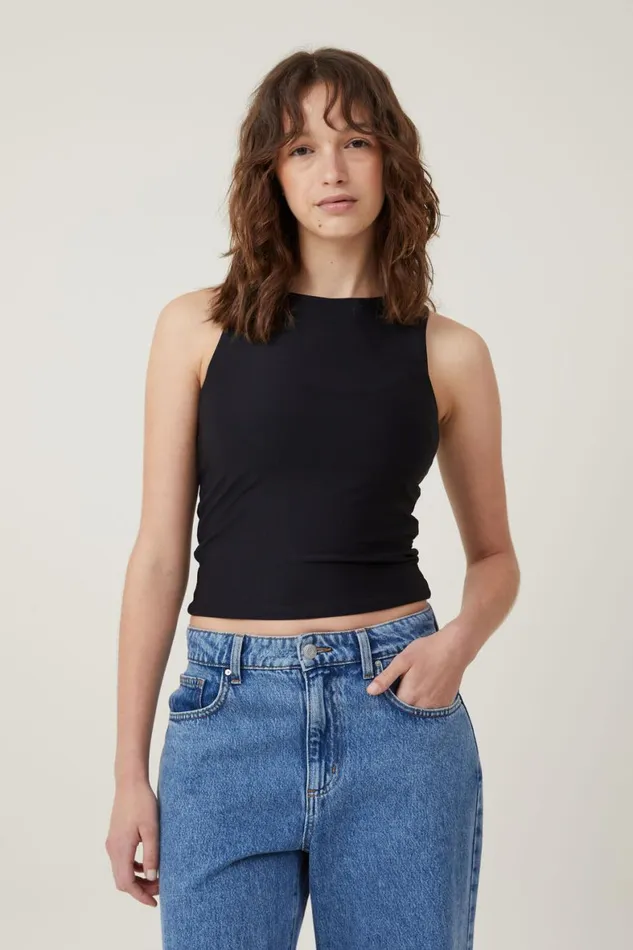 Women Tops Cotton On Smooth High Crew Neck Tank Black