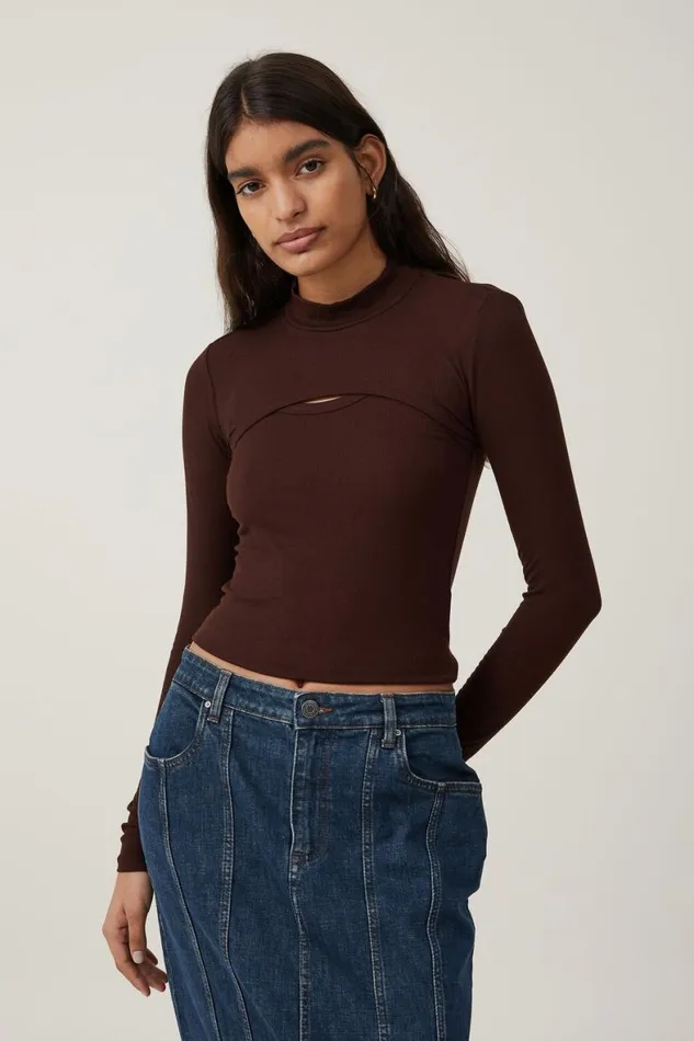 Women Tops Cotton On Staple Rib Mock Shrug Set Dark Oak