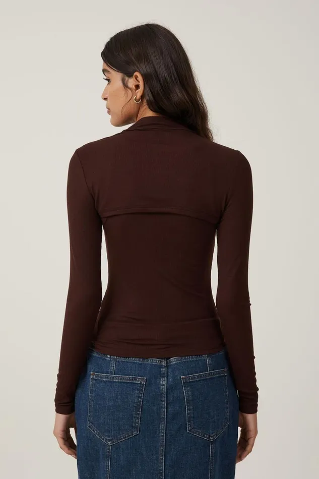 Women Tops Cotton On Staple Rib Mock Shrug Set Dark Oak