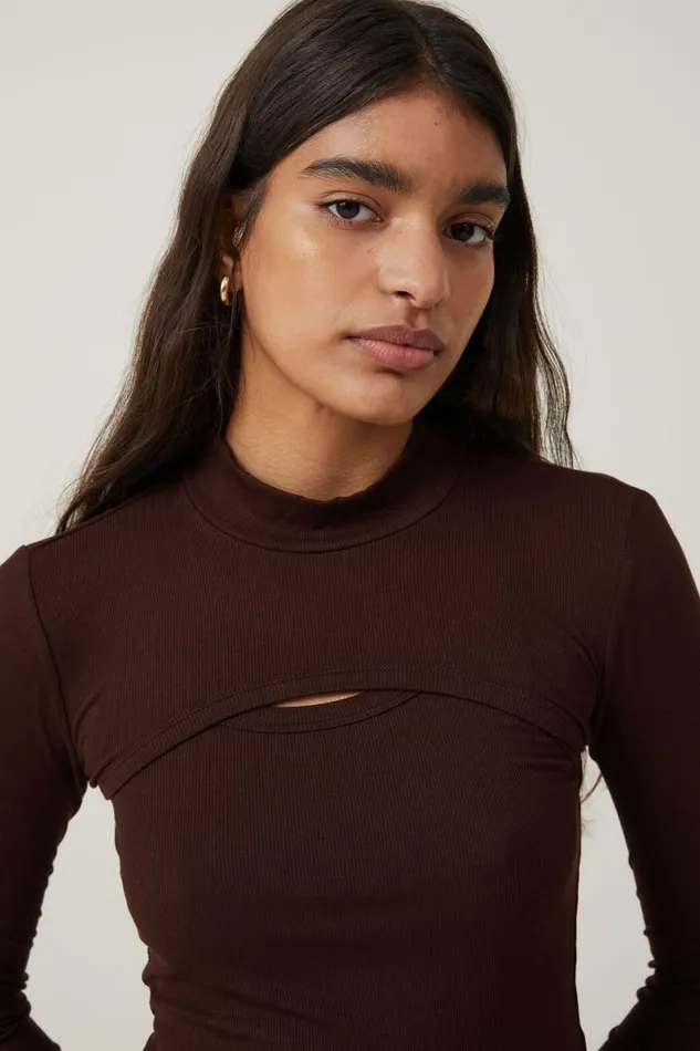 Women Tops Cotton On Staple Rib Mock Shrug Set Dark Oak
