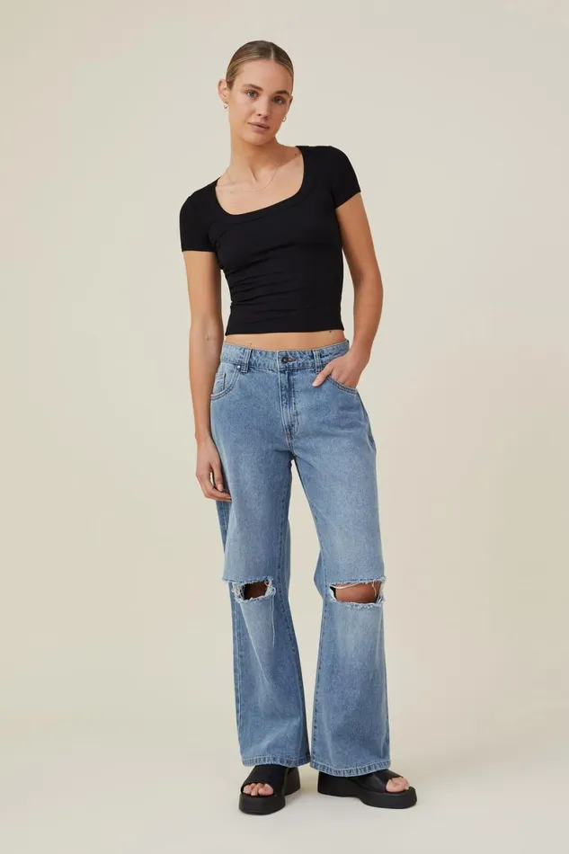 Women Tops Cotton On Staple Rib Scoop Neck Short Sleeve Top Black
