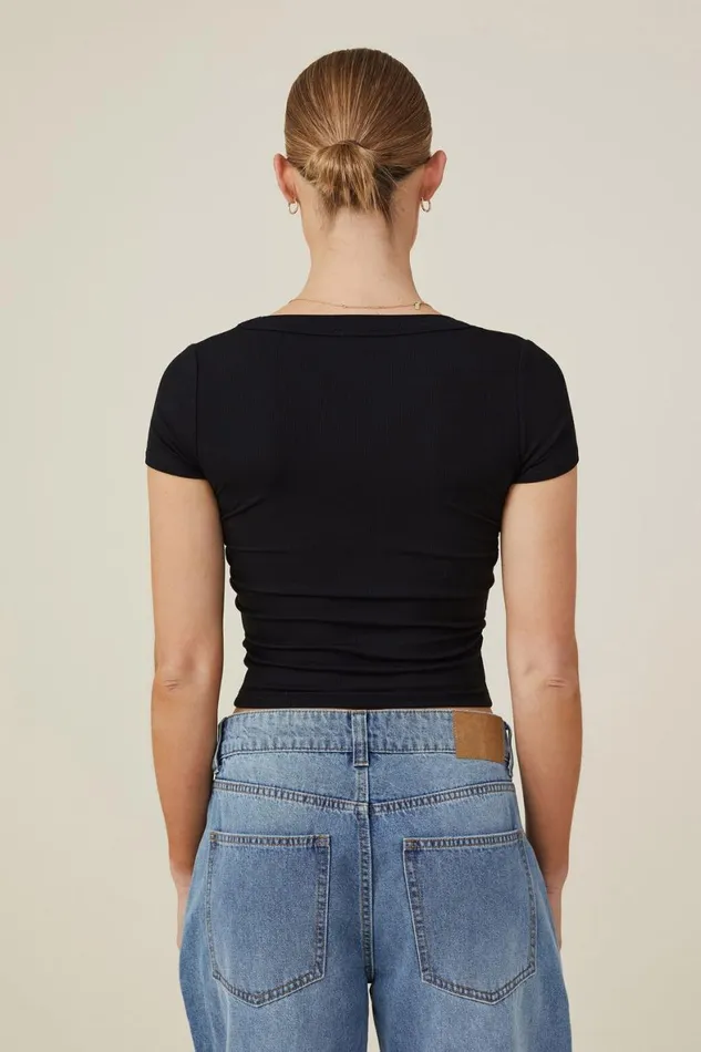 Women Tops Cotton On Staple Rib Scoop Neck Short Sleeve Top Black