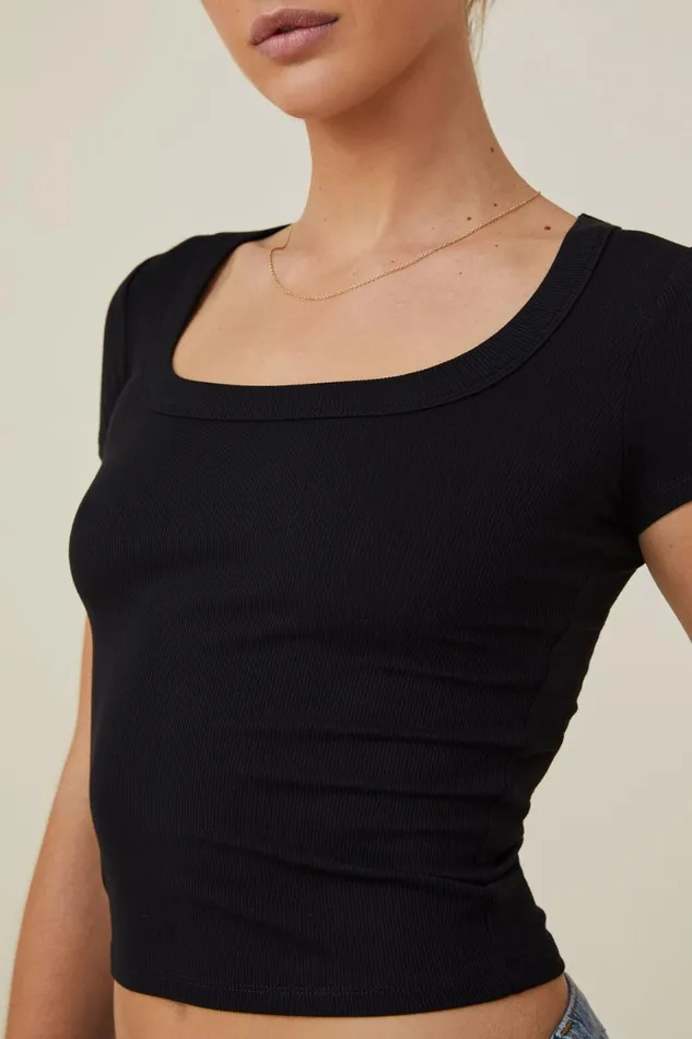 Women Tops Cotton On Staple Rib Scoop Neck Short Sleeve Top Black