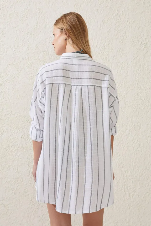 Women Tops Cotton On Swing Beach Shirt Faded Khaki Stripe