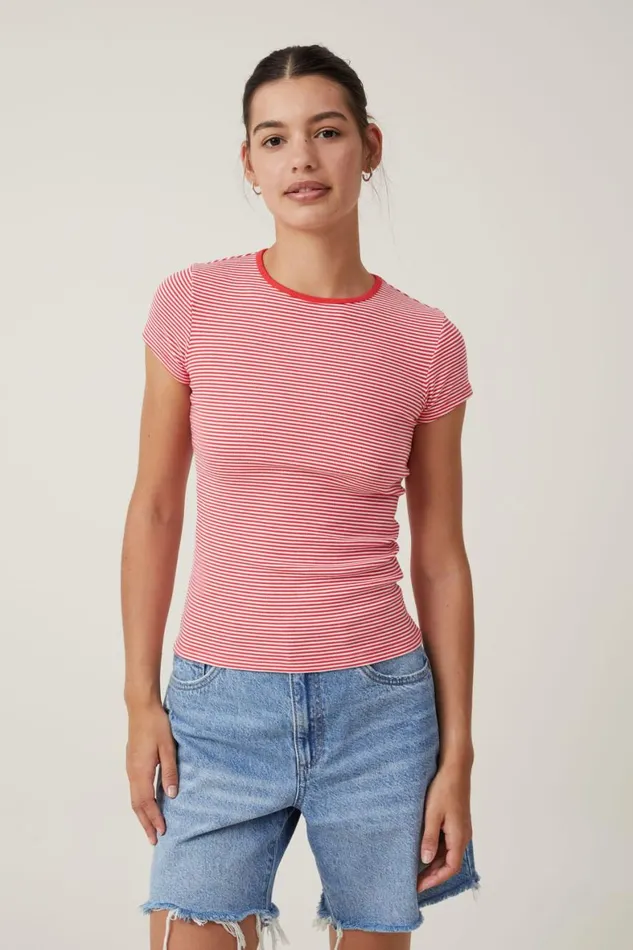 Women Tops Cotton On The One Organic Rib Crew Short Sleeve Tee Mini Stripe Whitefiery Red Women Tops Cotton On The One Organic Rib Crew Short Sleeve Tee Mini Stripe Whitefiery Red