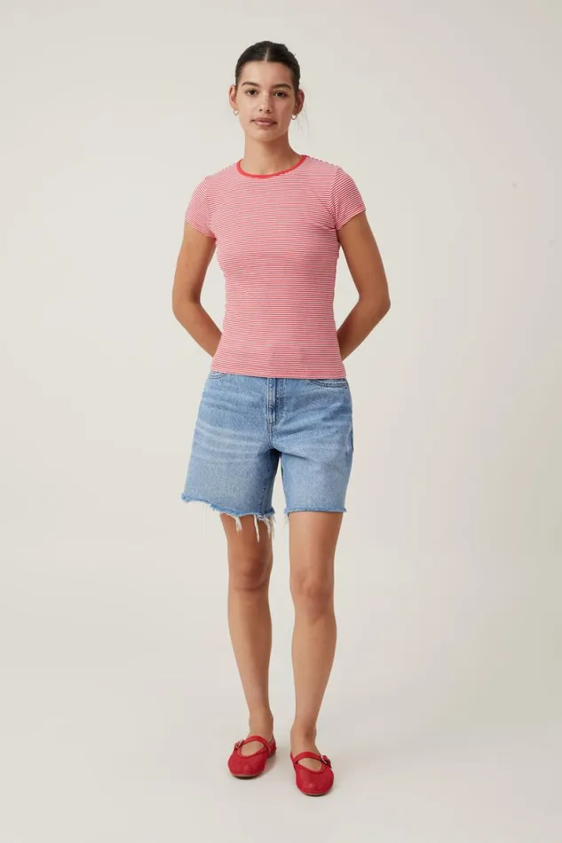 Women Tops Cotton On The One Organic Rib Crew Short Sleeve Tee Mini Stripe Whitefiery Red