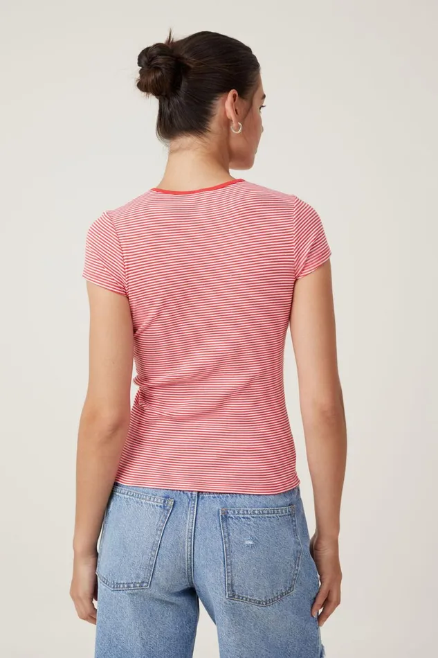 Women Tops Cotton On The One Organic Rib Crew Short Sleeve Tee Mini Stripe Whitefiery Red