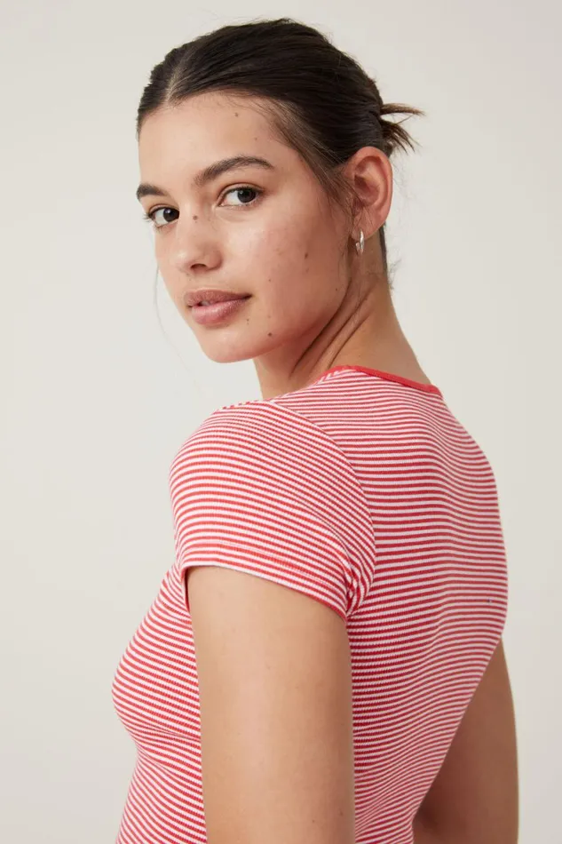 Women Tops Cotton On The One Organic Rib Crew Short Sleeve Tee Mini Stripe Whitefiery Red