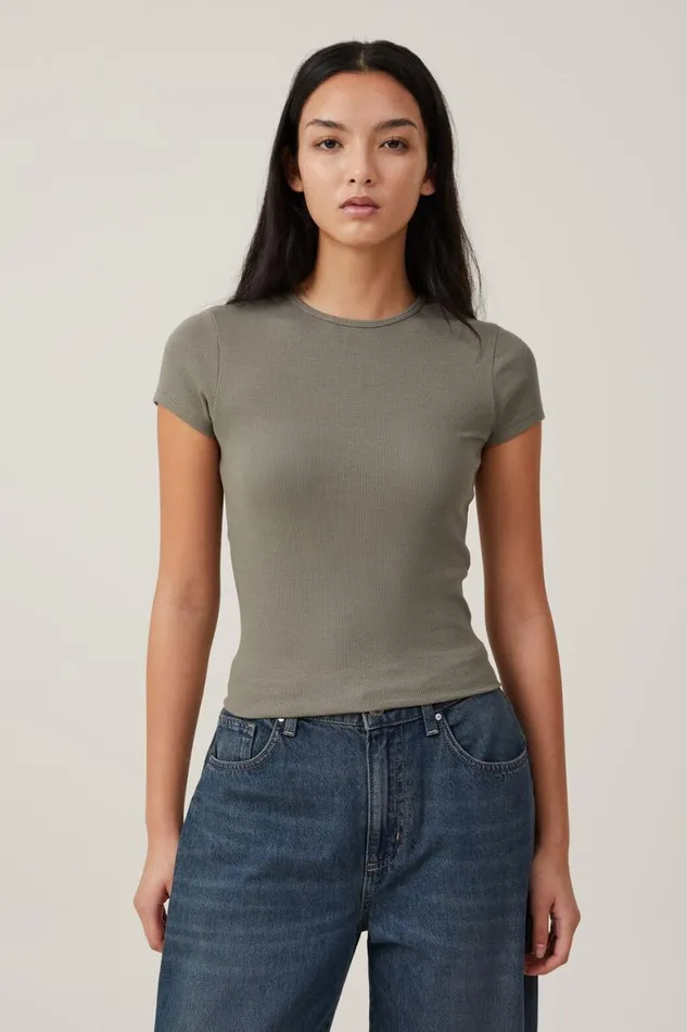 Women Tops Cotton On The One Organic Rib Crew Short Sleeve Tee Woodland