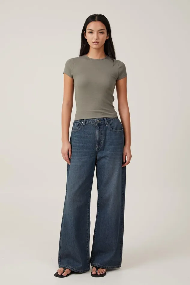 Women Tops Cotton On The One Organic Rib Crew Short Sleeve Tee Woodland