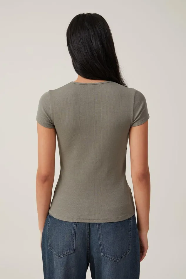 Women Tops Cotton On The One Organic Rib Crew Short Sleeve Tee Woodland