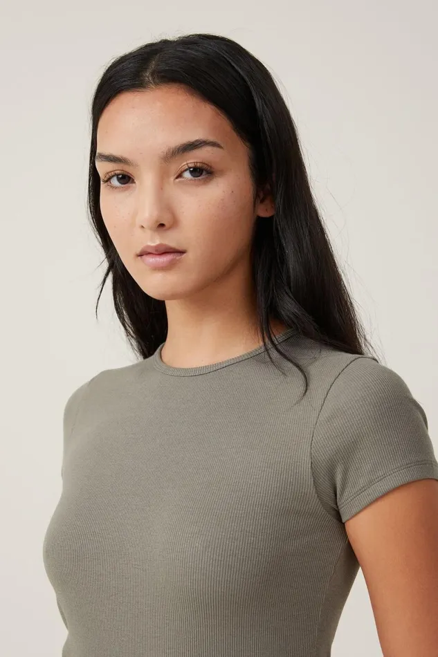 Women Tops Cotton On The One Organic Rib Crew Short Sleeve Tee Woodland