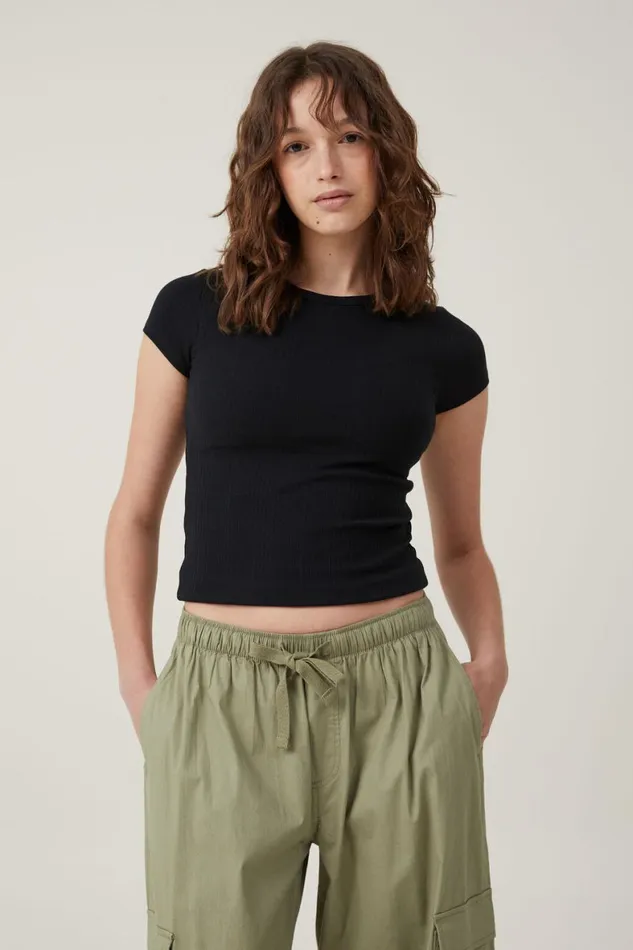 Women Tops Cotton On The One Organic Variegated Rib Crew Short Sleeve T Black