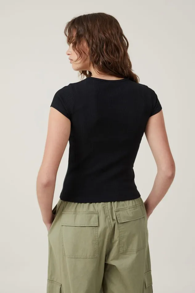 Women Tops Cotton On The One Organic Variegated Rib Crew Short Sleeve T Black