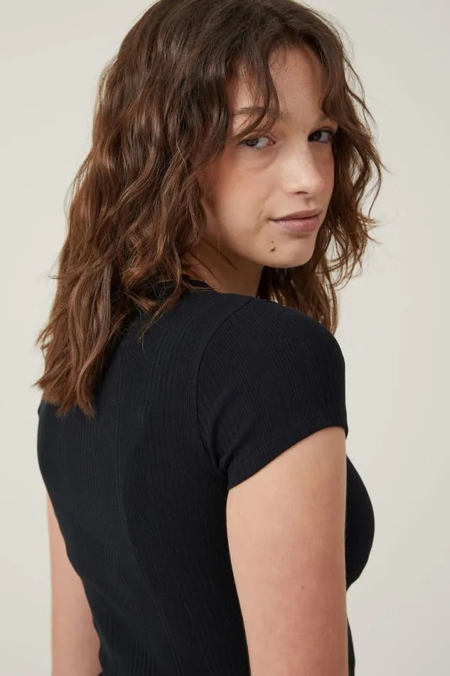 Women Tops Cotton On The One Organic Variegated Rib Crew Short Sleeve T Black