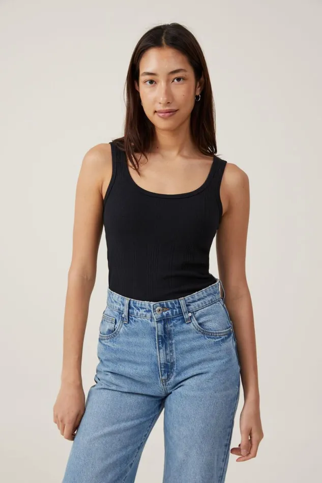 Women Tops Cotton On The One Organic Variegated Rib Scoop Neck Tank Black