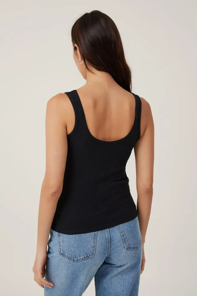 Women Tops Cotton On The One Organic Variegated Rib Scoop Neck Tank Black