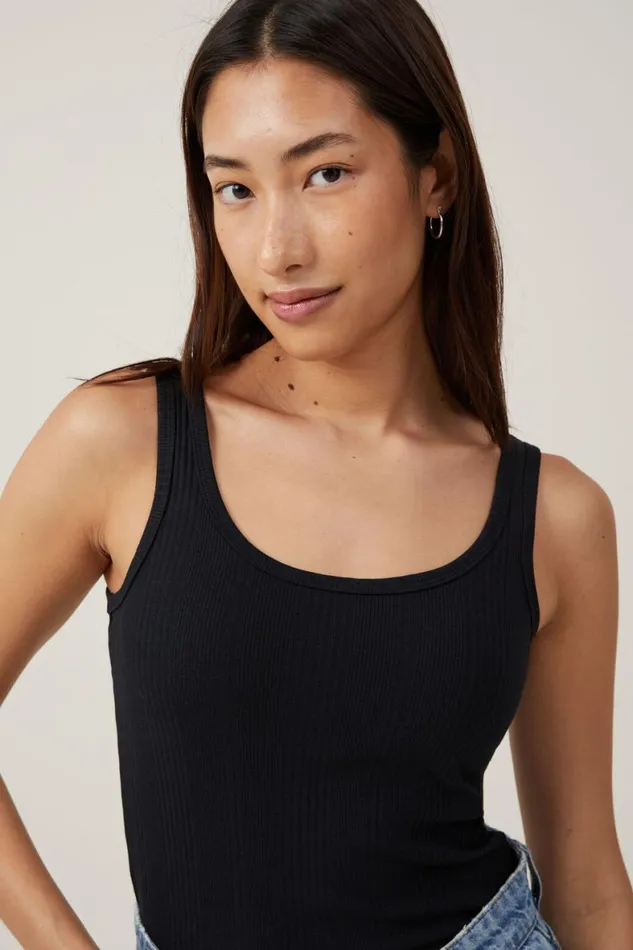 Women Tops Cotton On The One Organic Variegated Rib Scoop Neck Tank Black