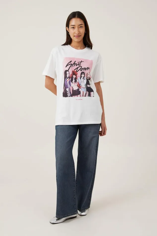Women Tops Cotton On The Oversized Graphic License Tee Lcn Br Black Pink Shut Downvintage White