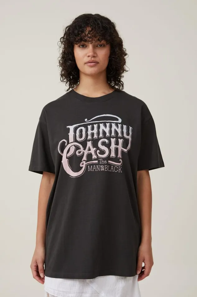 Women Tops Cotton On The Oversized Graphic License Tee Lcn Mt Johnny Cash Washed Black