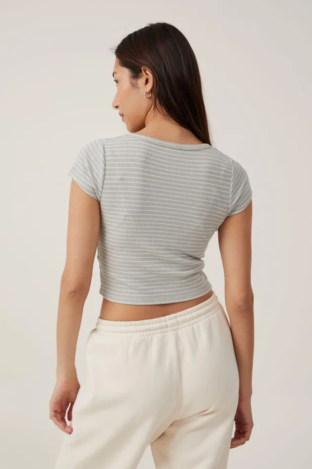 Women Tops Cotton On Willa Waffle Short Sleeve Henley Chloe Stripe Desert Sageporcelain