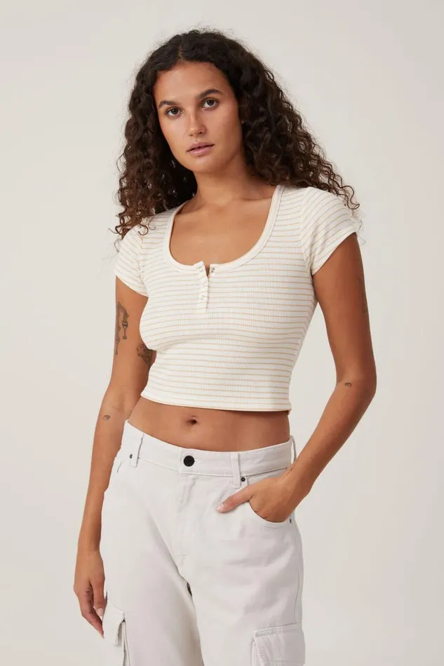 Women Tops Cotton On Willa Waffle Short Sleeve Henley Chloe Stripe Porcelaingold Rush