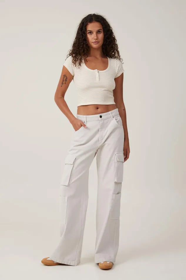 Women Tops Cotton On Willa Waffle Short Sleeve Henley Chloe Stripe Porcelaingold Rush