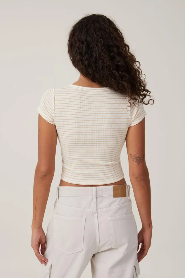 Women Tops Cotton On Willa Waffle Short Sleeve Henley Chloe Stripe Porcelaingold Rush