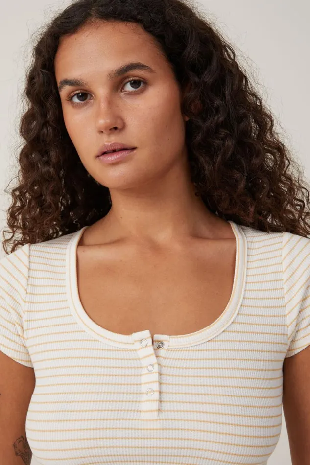 Women Tops Cotton On Willa Waffle Short Sleeve Henley Chloe Stripe Porcelaingold Rush