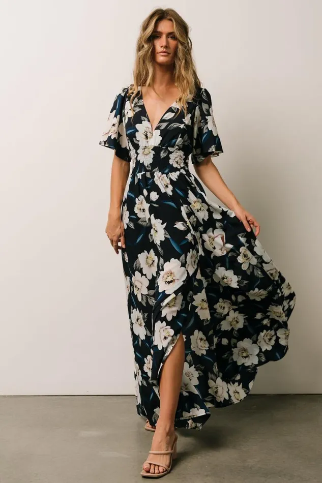 Women Verona Smocked Maxi Dress Navy White Floral Baltic Born Bump Friendly