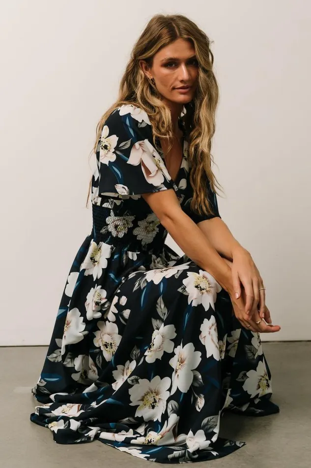 Women Verona Smocked Maxi Dress Navy White Floral Baltic Born Bump Friendly Women Verona Smocked Maxi Dress Navy White Floral Baltic Born Bump Friendly