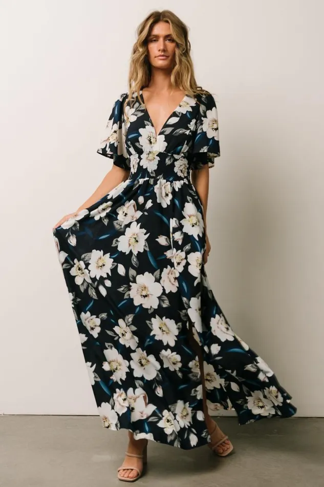 Women Verona Smocked Maxi Dress Navy White Floral Baltic Born Bump Friendly Women Verona Smocked Maxi Dress Navy White Floral Baltic Born Bump Friendly