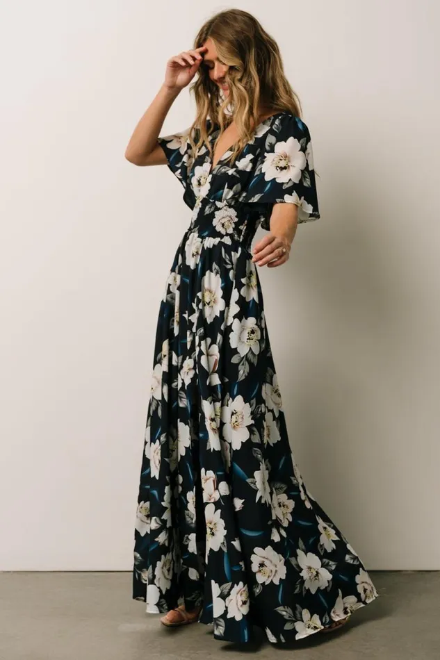 Women Verona Smocked Maxi Dress Navy White Floral Baltic Born Bump Friendly Women Verona Smocked Maxi Dress Navy White Floral Baltic Born Bump Friendly